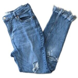 Free People mid rise distressed skinny ankle jeans, frayed hem - 29